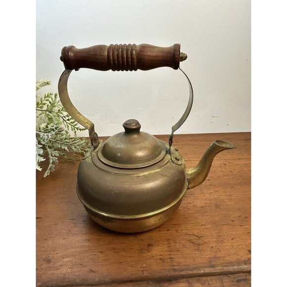 Small Vintage Brass Tea Kettle W/Wood Handle & Gooseneck Spout Patina READ - Picture 3 of 10